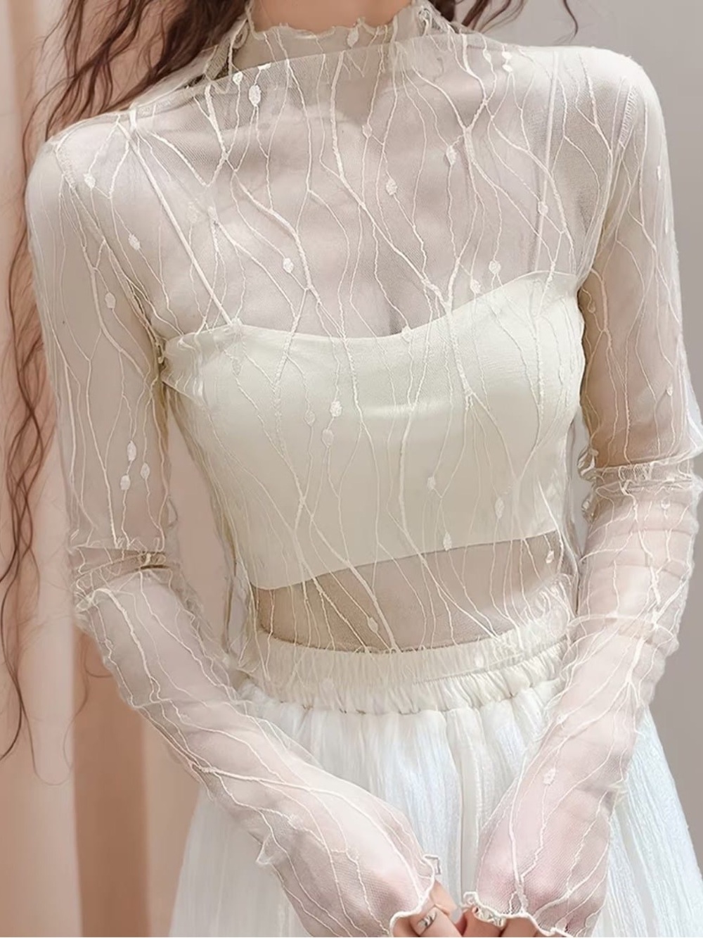 Sheer Embroidered Long-Sleeve Crop Top in Cream